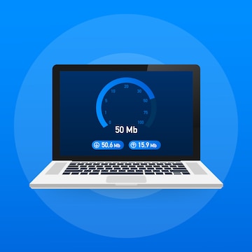 Premium Vector | Speed test on laptop. speedometer internet speed 50 mb ...